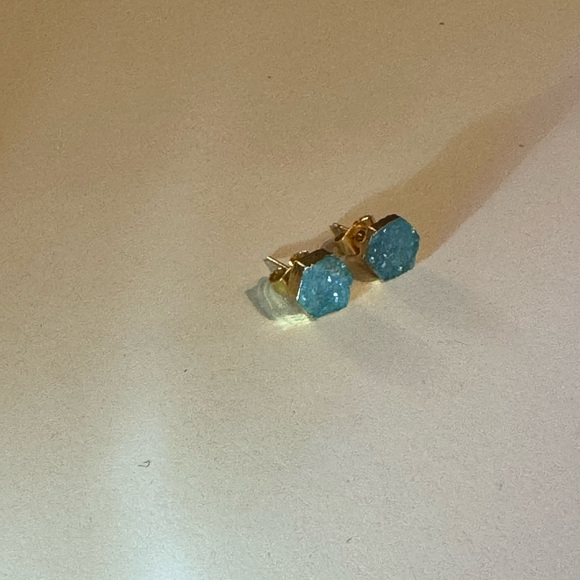 Hexagon Aqua Druzy Quartz Studs - Picture 2 of 7